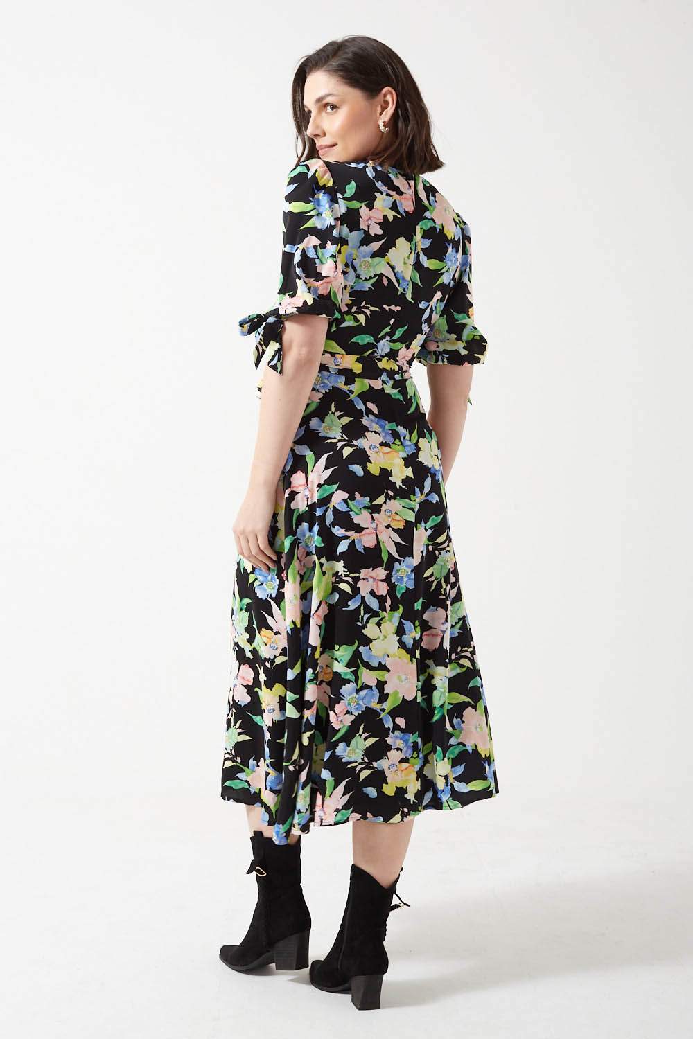 Gabi Watercolor Floral Print Midi Dress with Puff Sleeves in Black