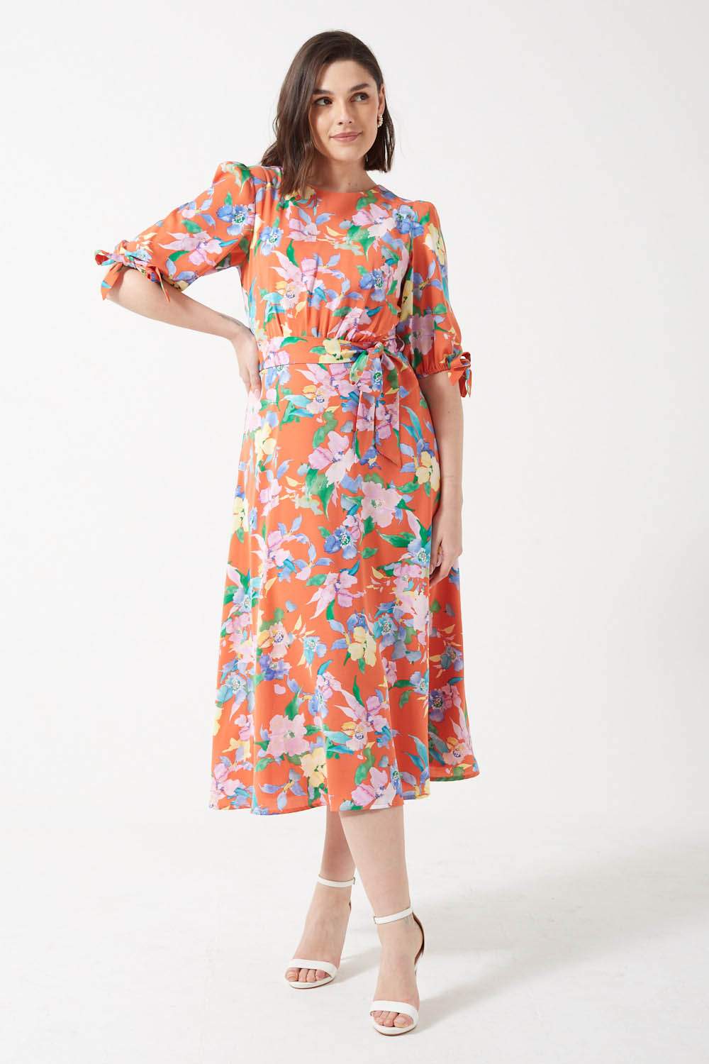 Gabi Watercolor Floral Print Midi Dress with Puff Sleeves in Orange
