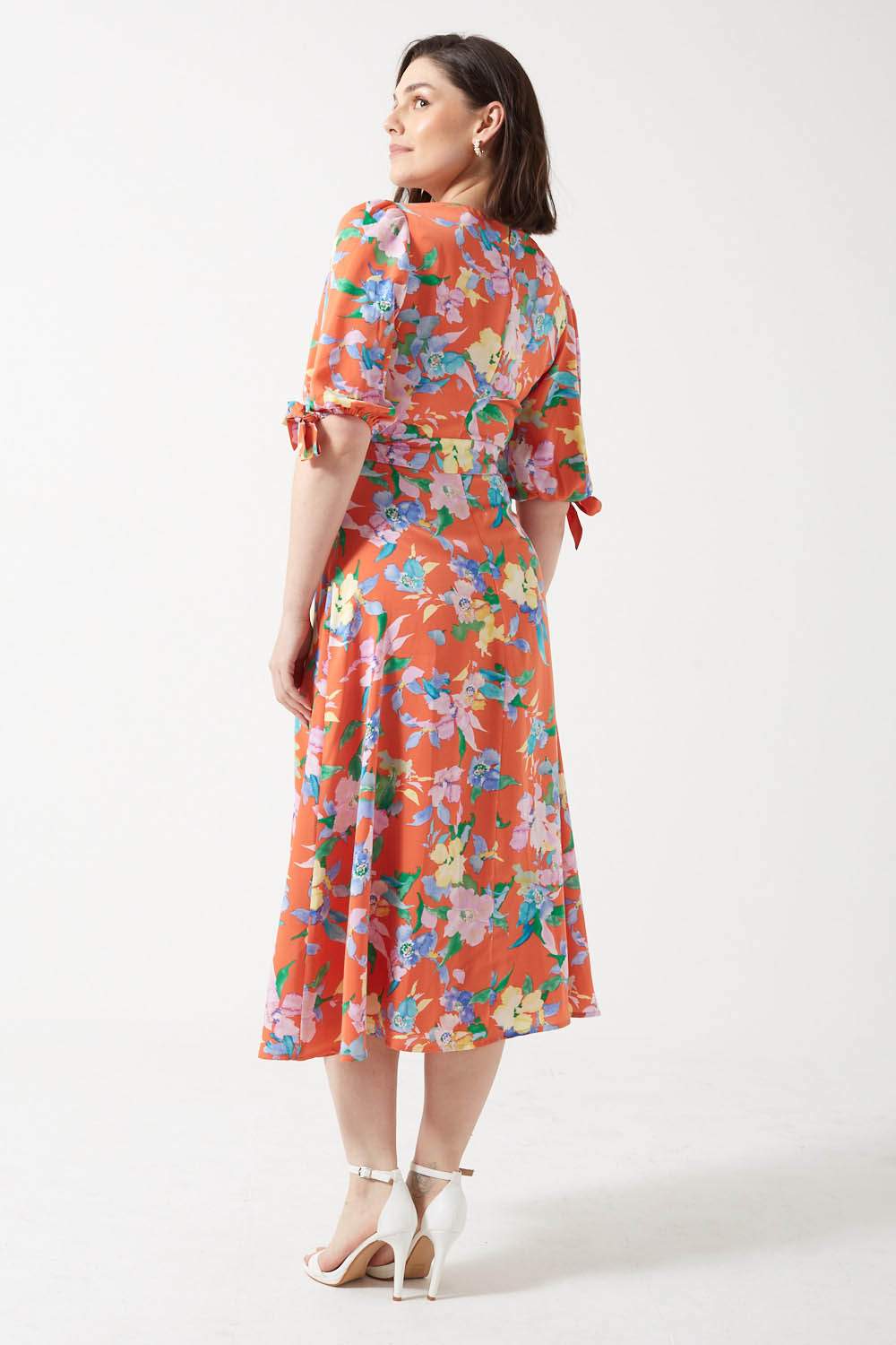 Gabi Watercolor Floral Print Midi Dress with Puff Sleeves in Orange