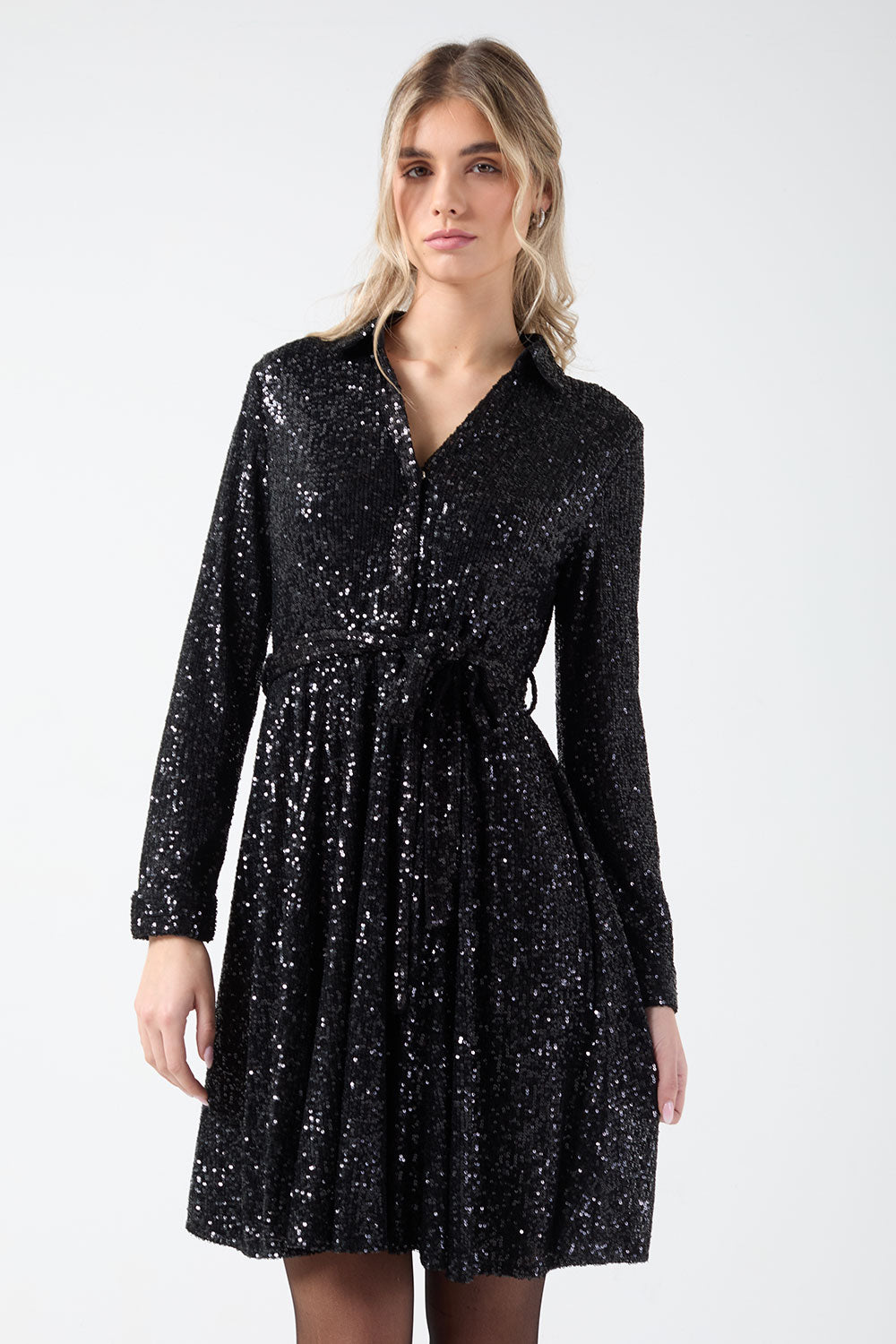 Jen Sequin Shirt Dress in Black