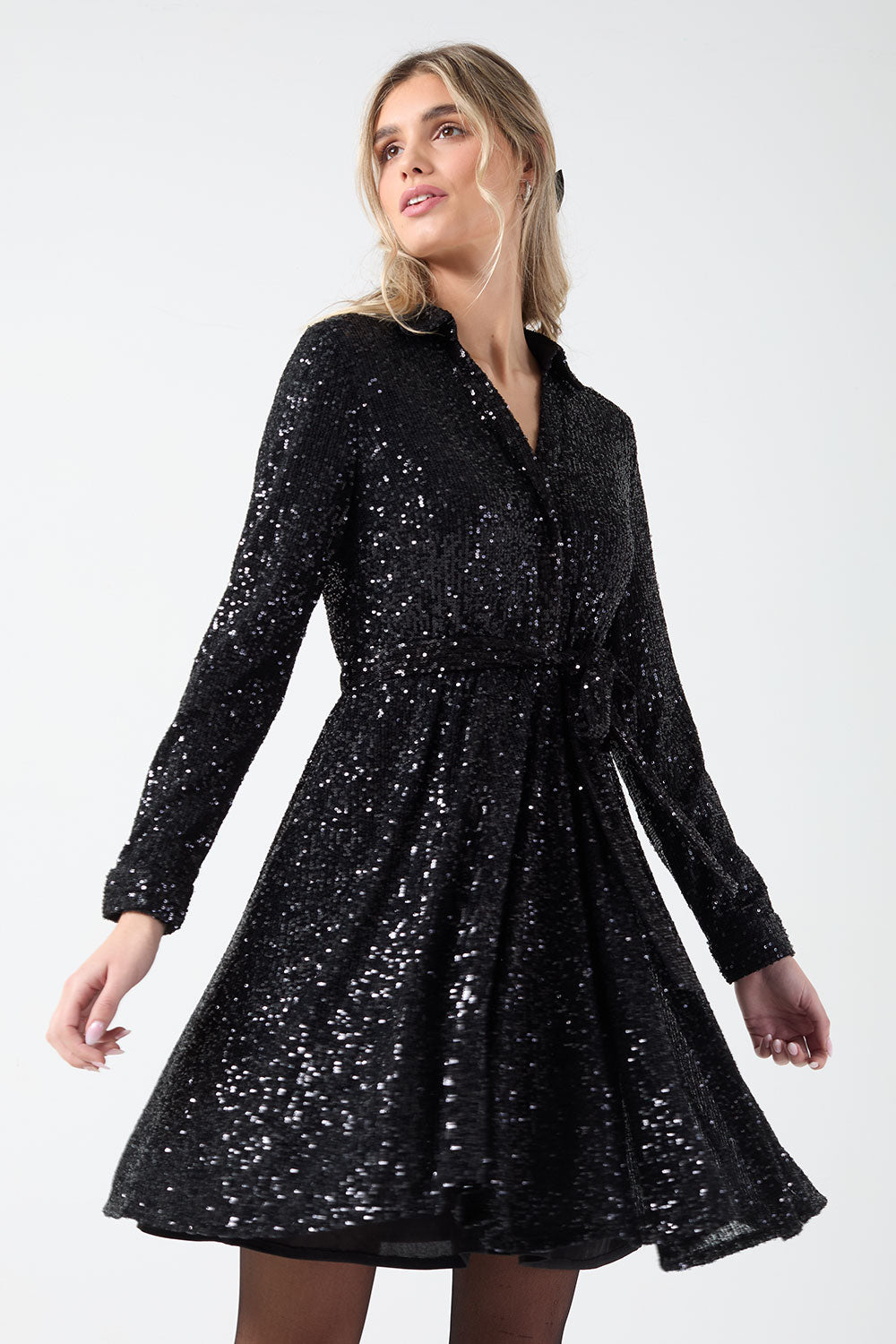 Jen Sequin Shirt Dress in Black