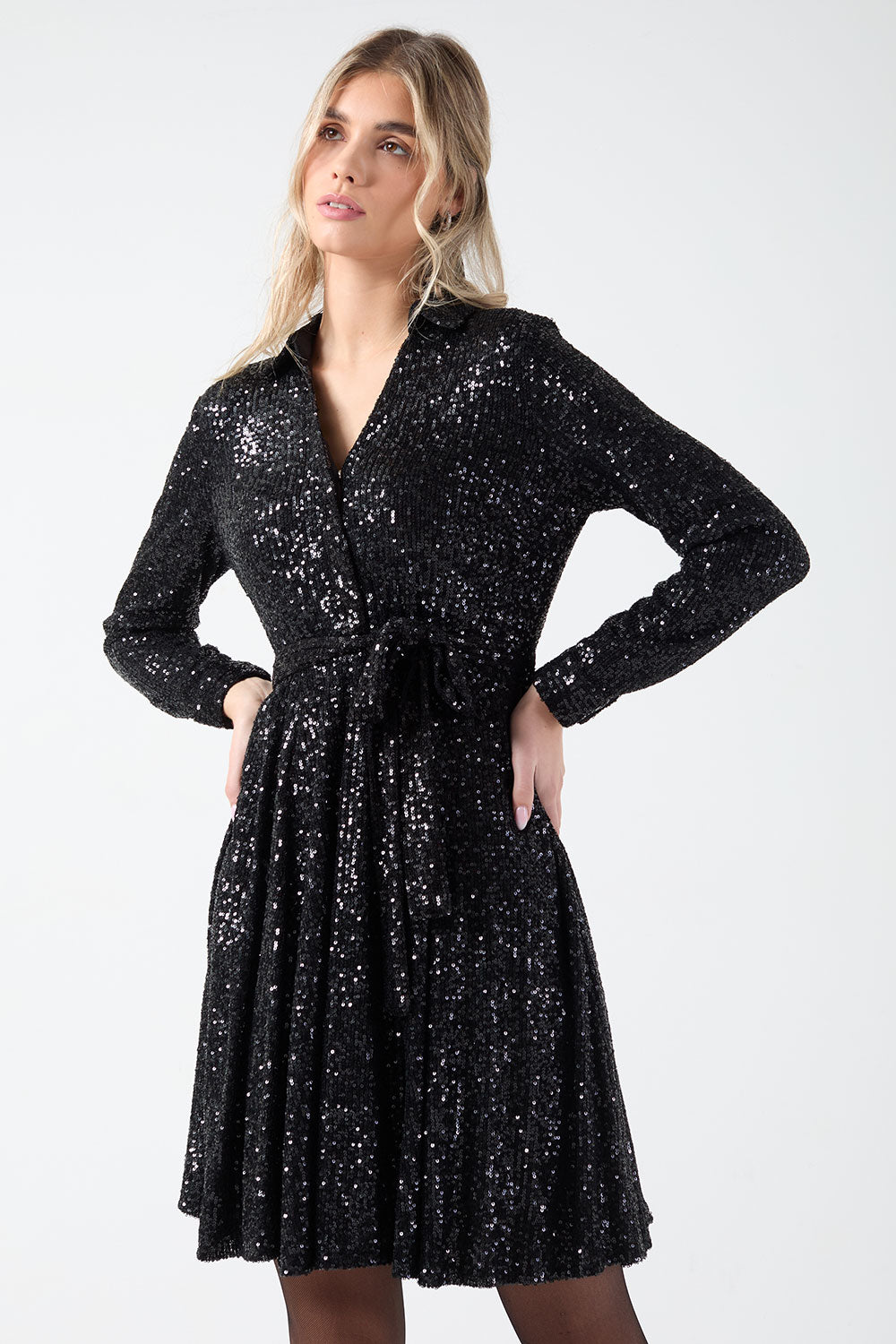 Jen Sequin Shirt Dress in Black