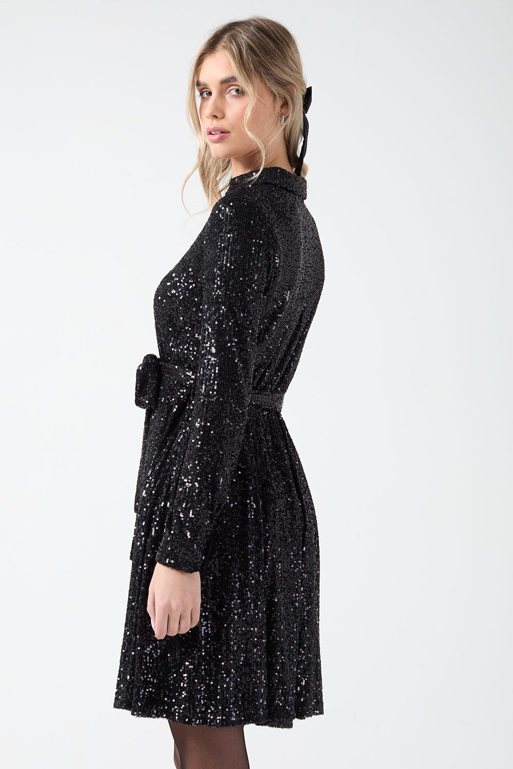 Jen Sequin Shirt Dress in Black