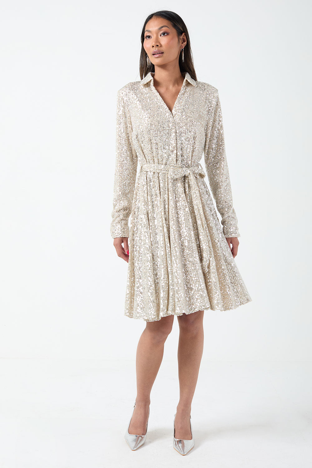 Jen Sequin Shirt Dress in Champane