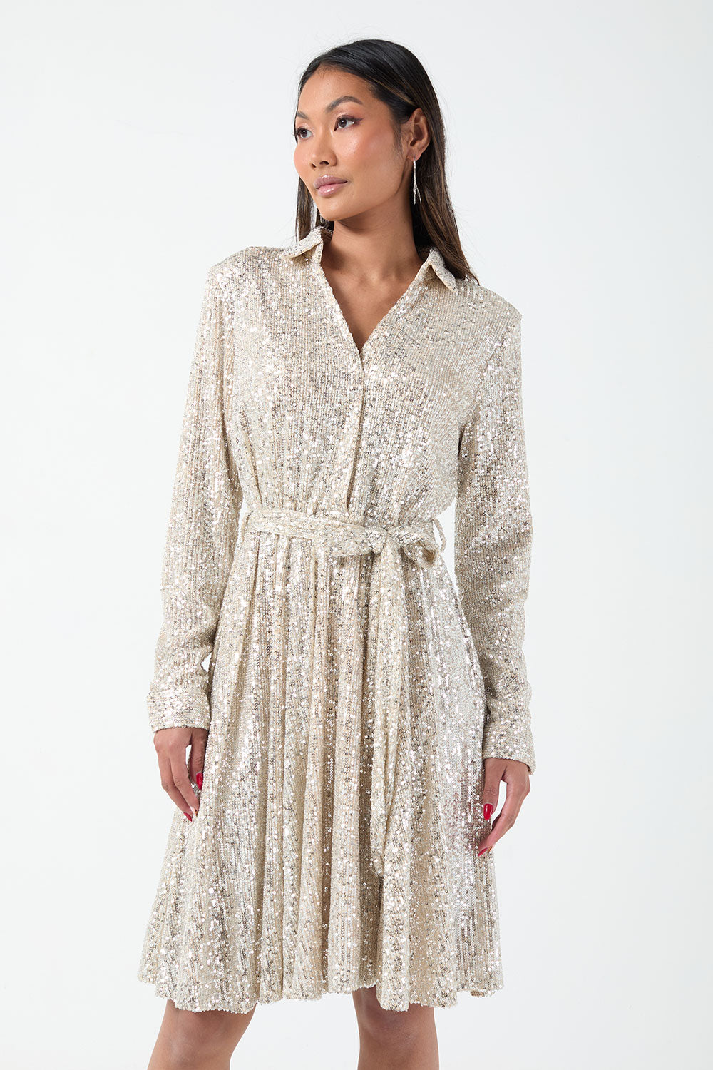 Jen Sequin Shirt Dress in Champane