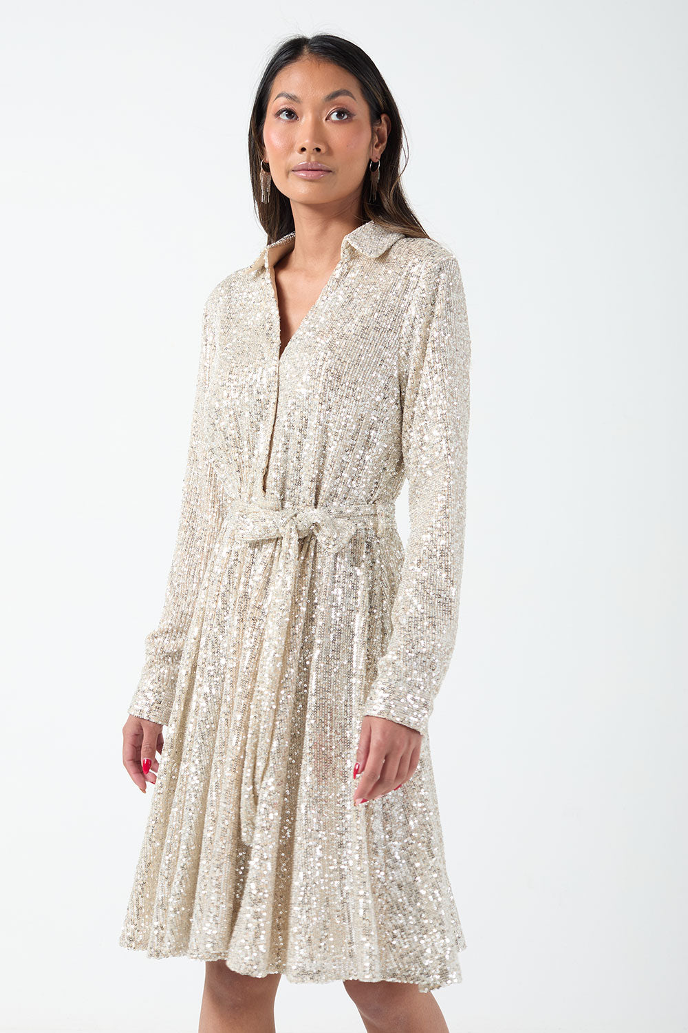 Jen Sequin Shirt Dress in Champane
