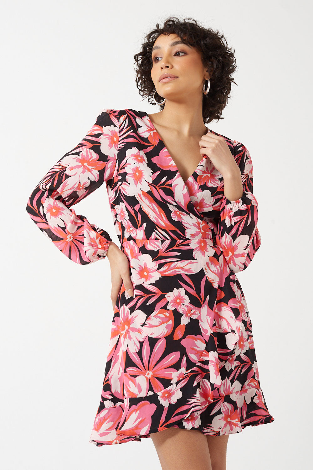 Joyce Mock Wrap Dress in Black Floral