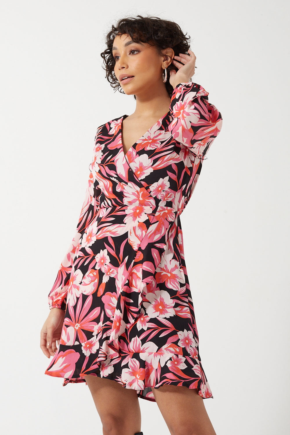 Joyce Mock Wrap Dress in Black Floral