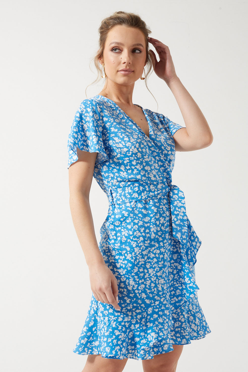 Thalia V-Neck Printed Short Dress in Blue