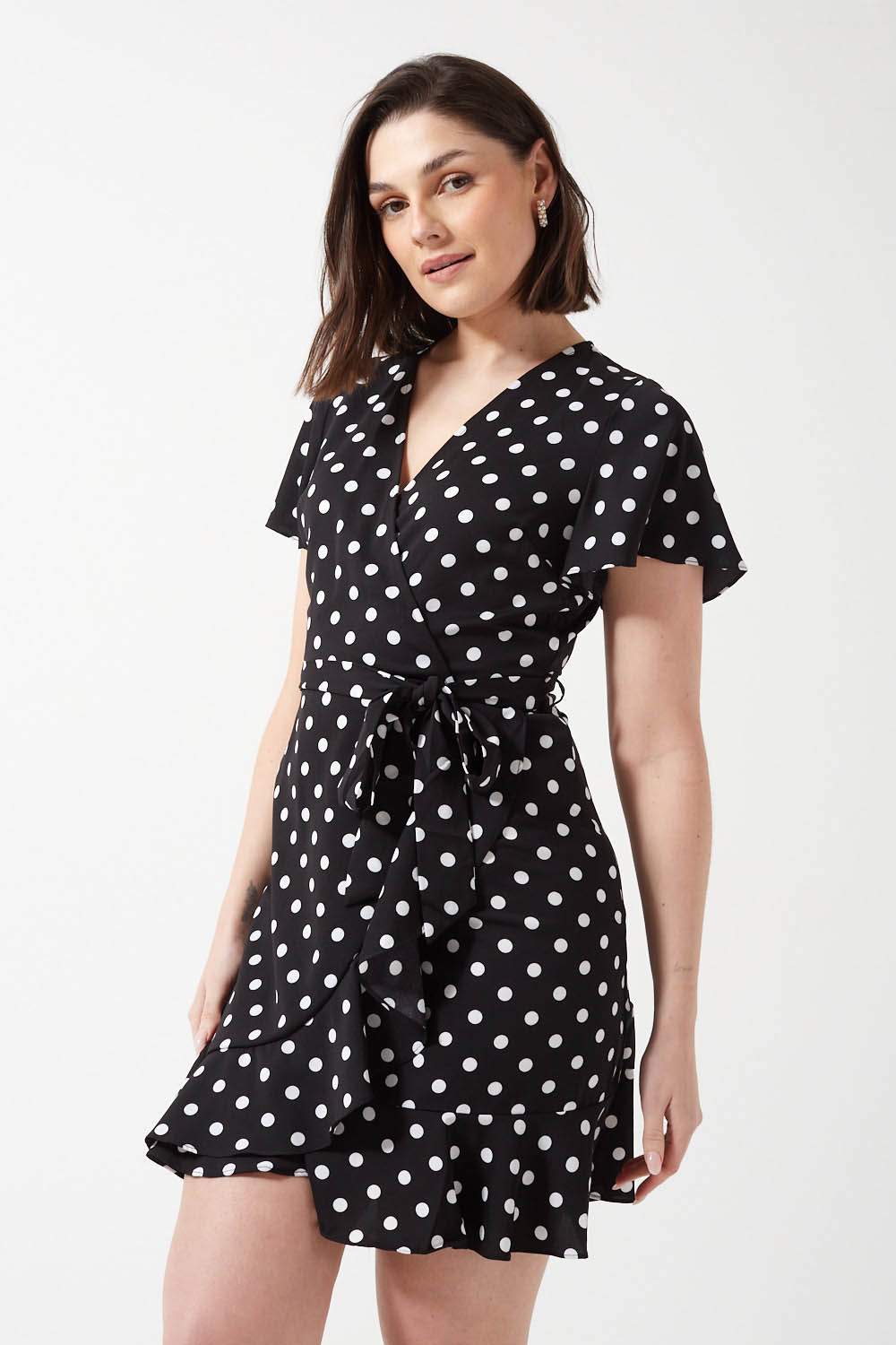 Keyla Polka Dot Print Belted Short Dress in Black and White