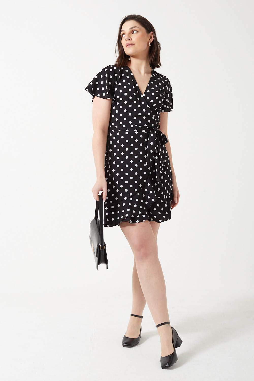 Keyla Polka Dot Print Belted Short Dress in Black and White