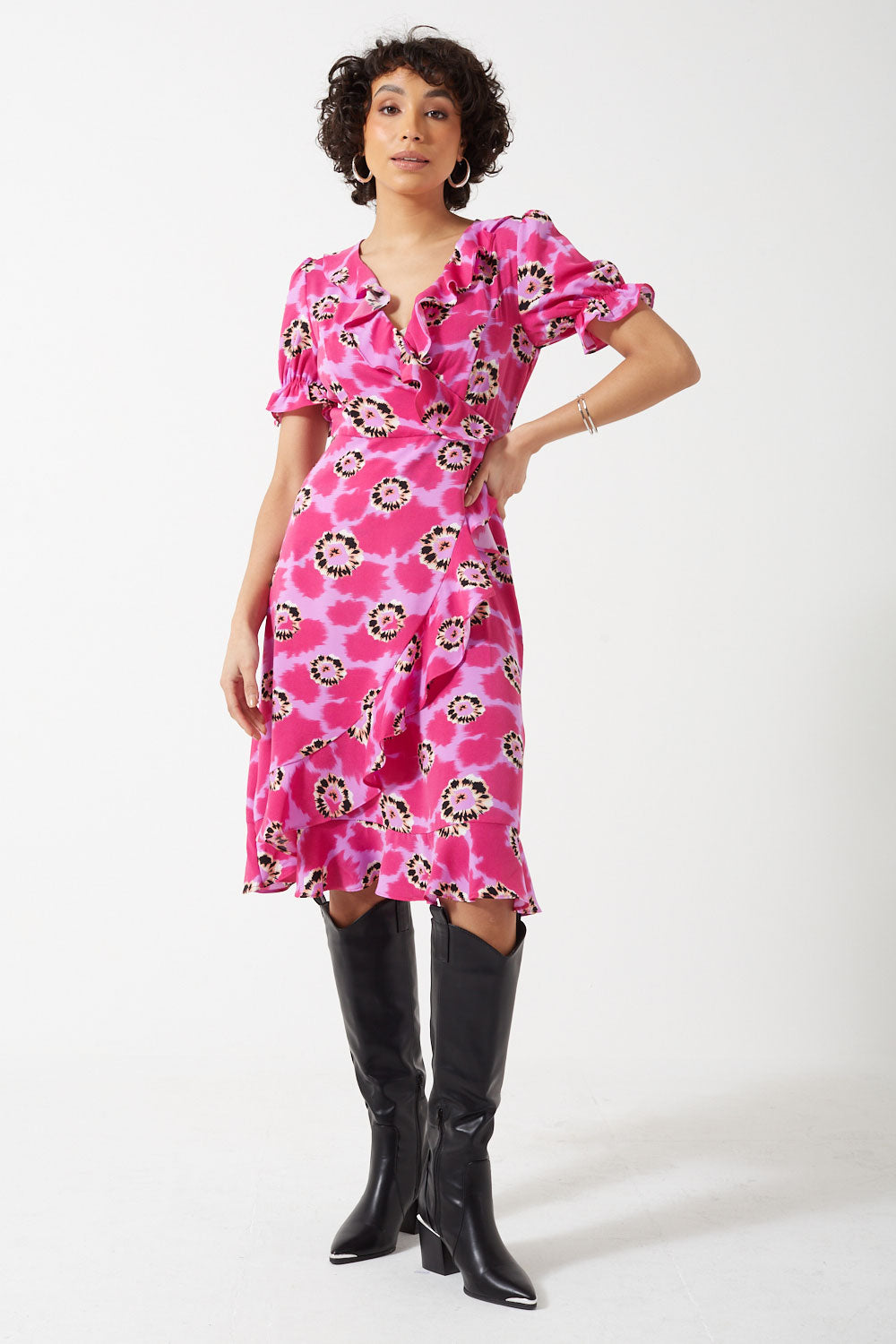 Joyce Flowered Short Sleeve Mock Wrap Dress in Pink