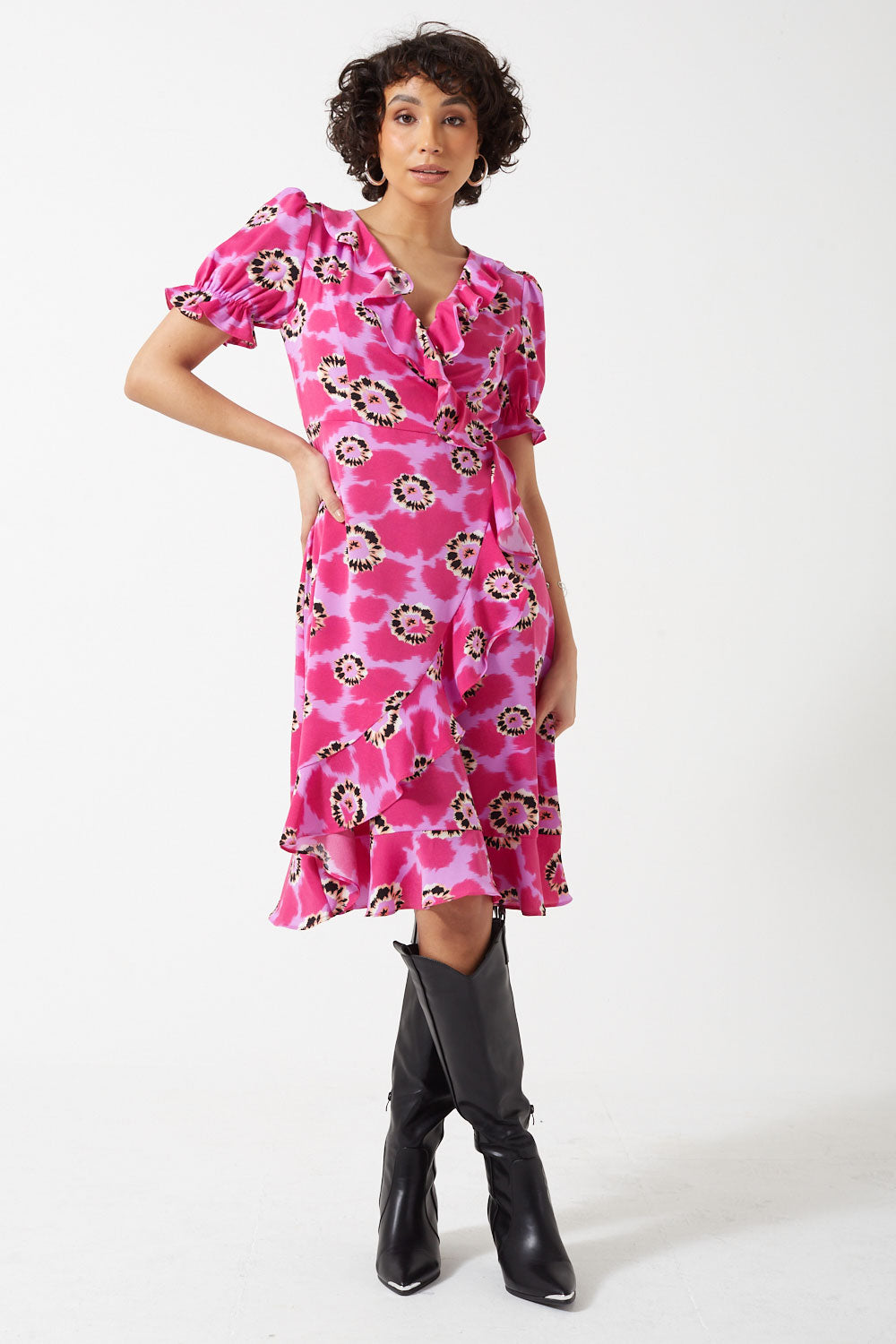 Joyce Flowered Short Sleeve Mock Wrap Dress in Pink