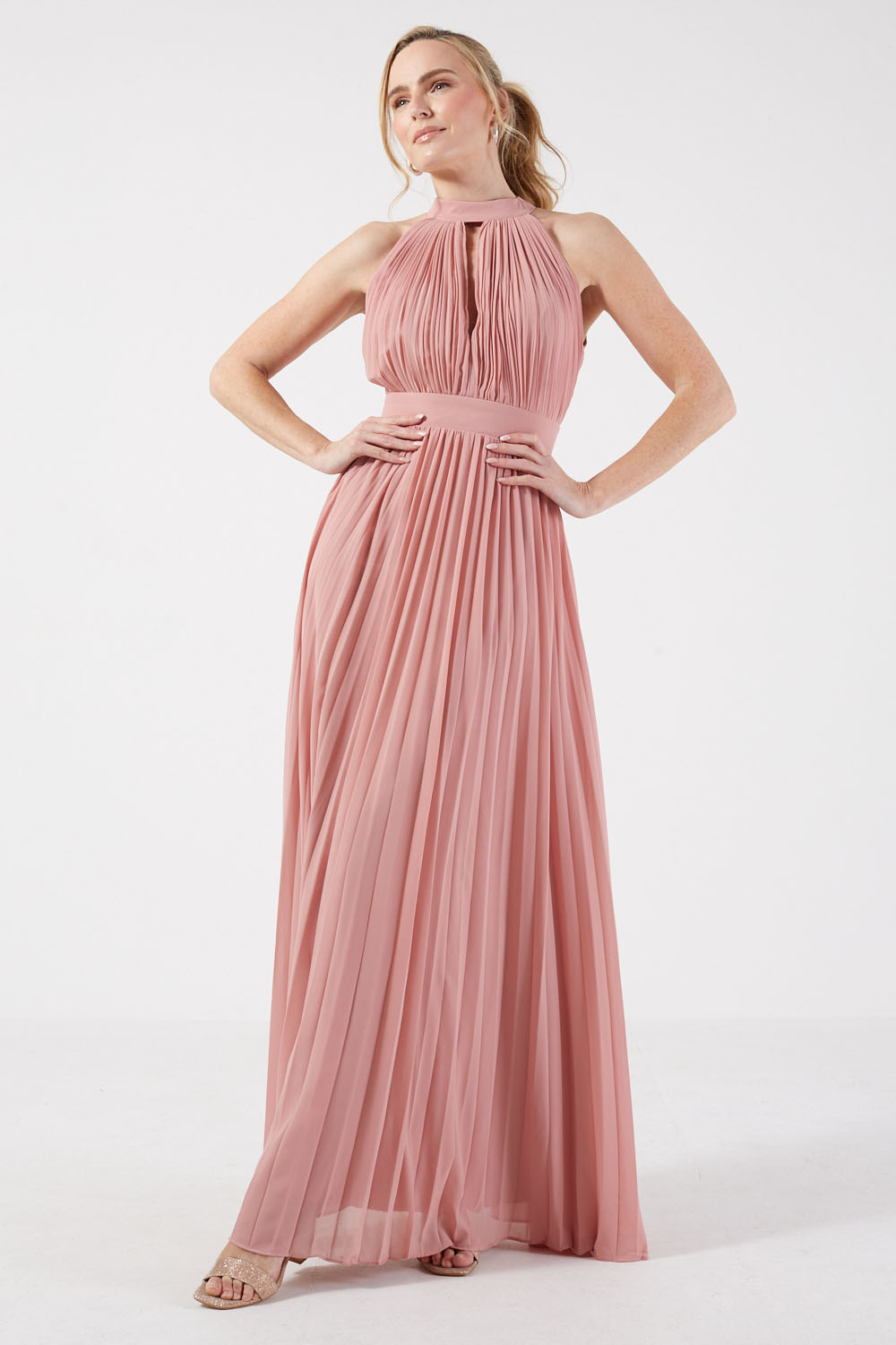 Pauline Halter Neck Pleated Occasion Long Dress in Pink