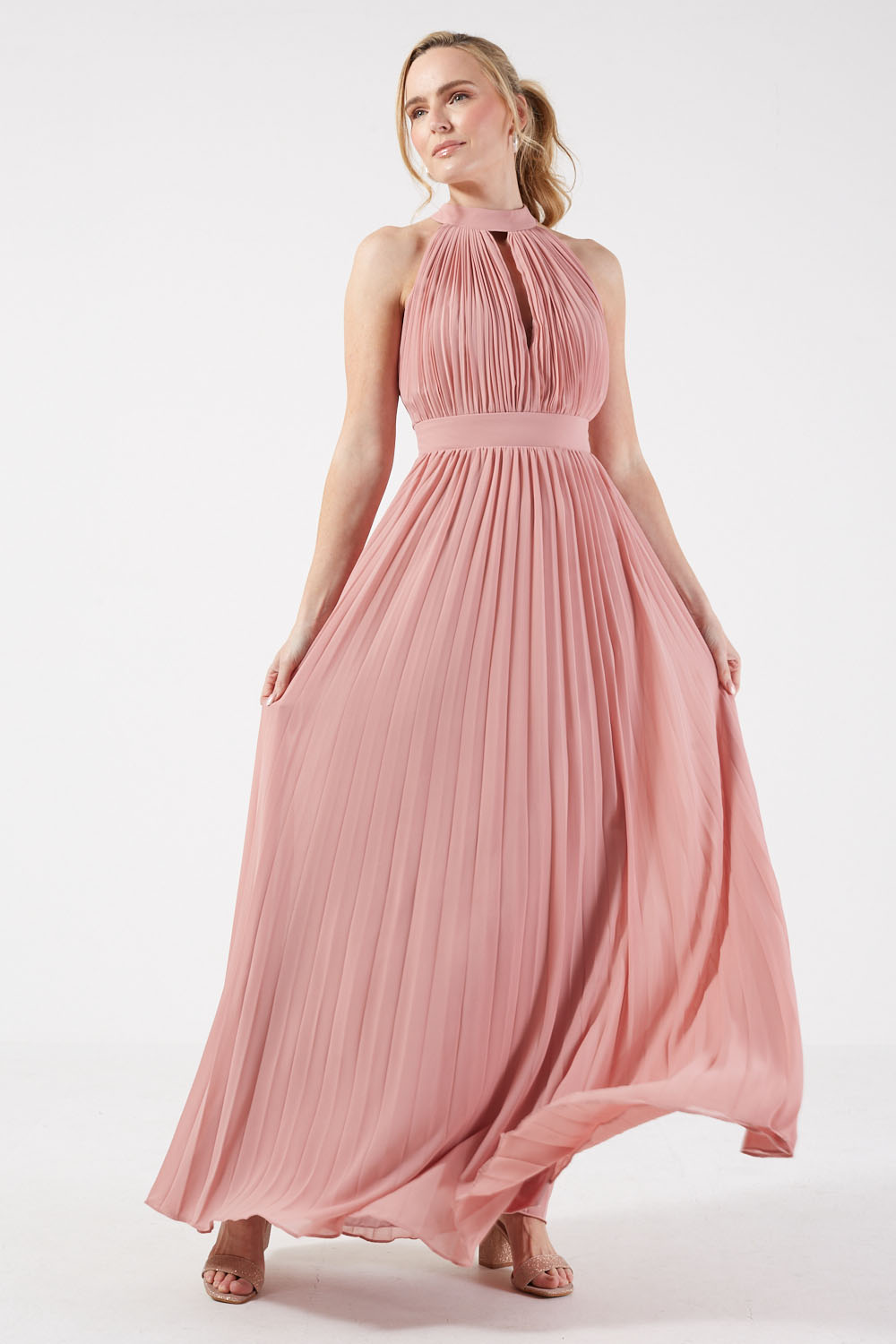 Pauline Halter Neck Pleated Occasion Long Dress in Pink