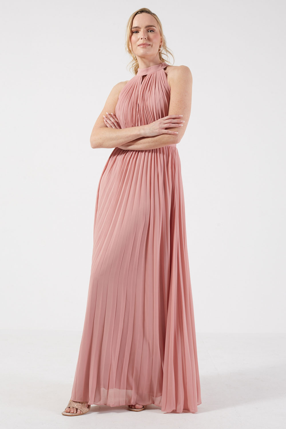 Pauline Halter Neck Pleated Occasion Long Dress in Pink