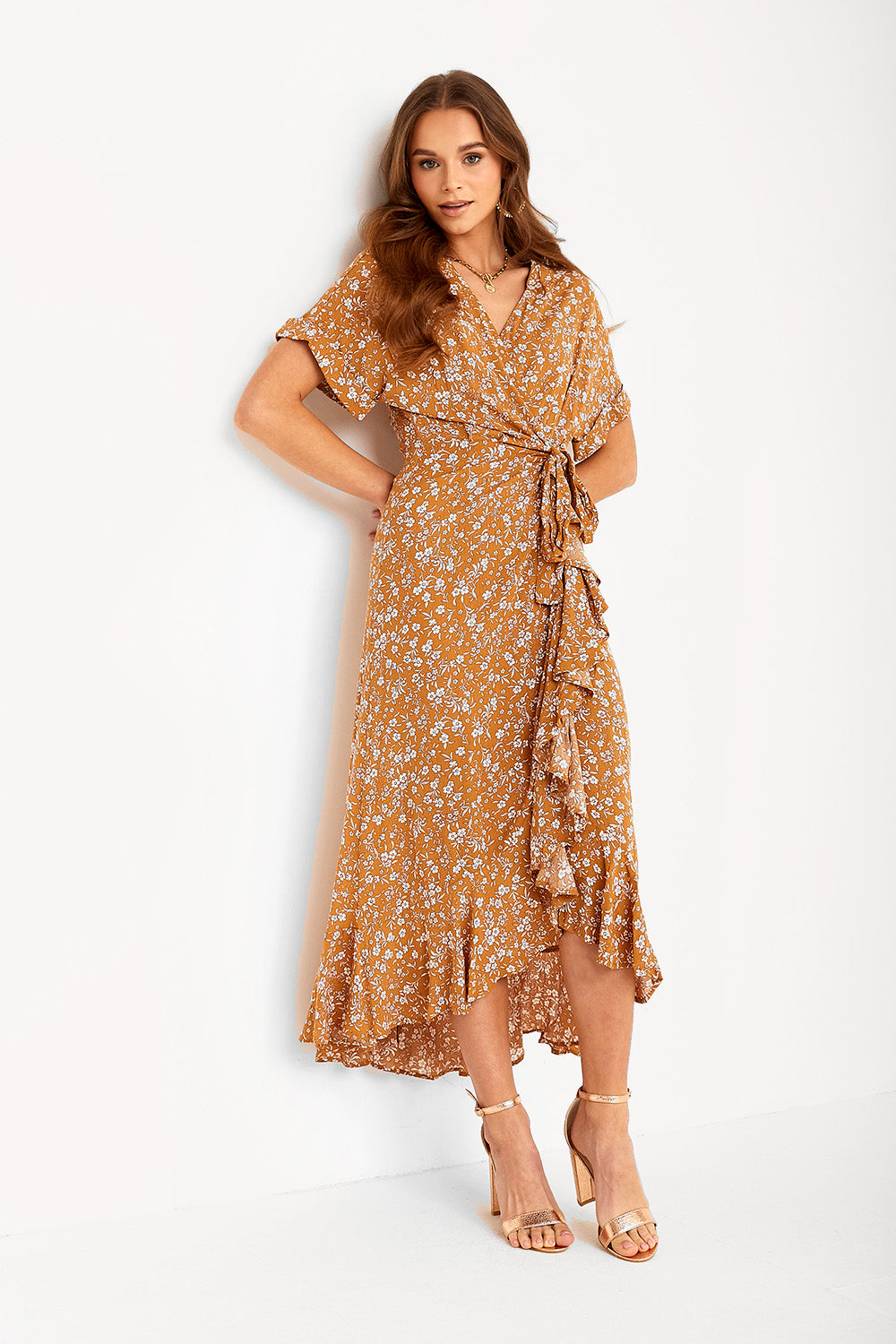 Ria Floral Print Wrap Dress in Mustard