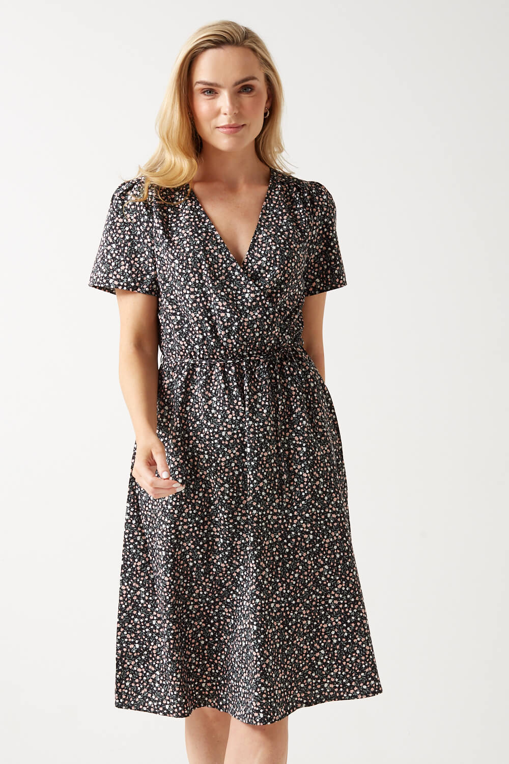 Rika Ditsy Floral Wrap Dress in Black