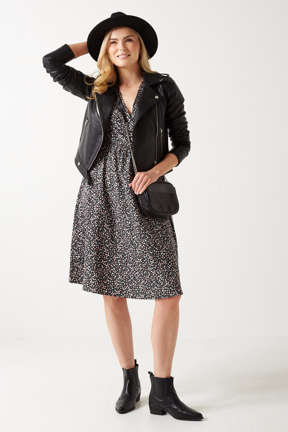 Rika Ditsy Floral Wrap Dress in Black