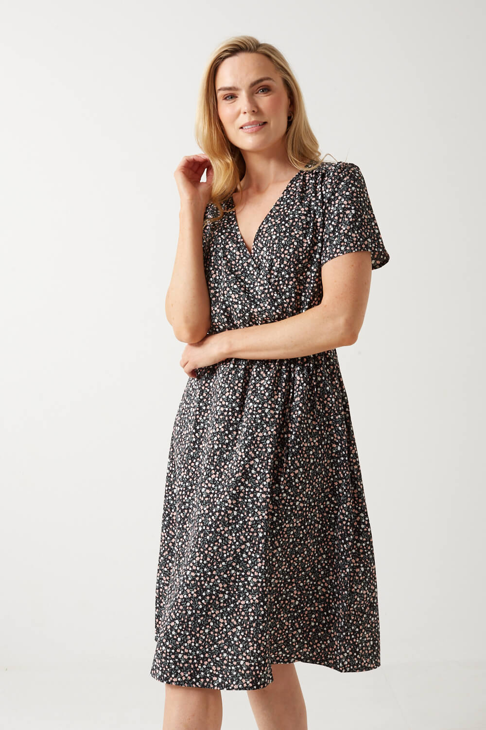 Rika Ditsy Floral Wrap Dress in Black