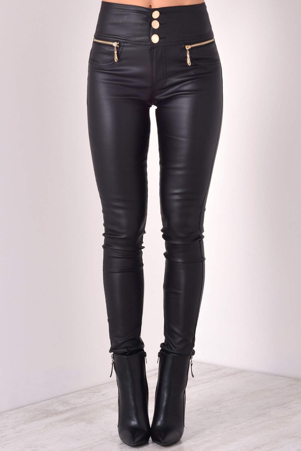 Paris High Waisted Wax Look Trousers in Black