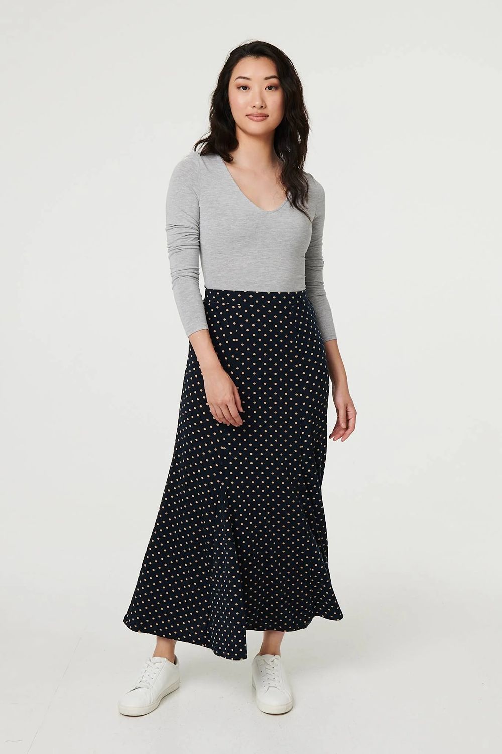 Mila Polka Dot High Waist Maxi Skirt in Navy