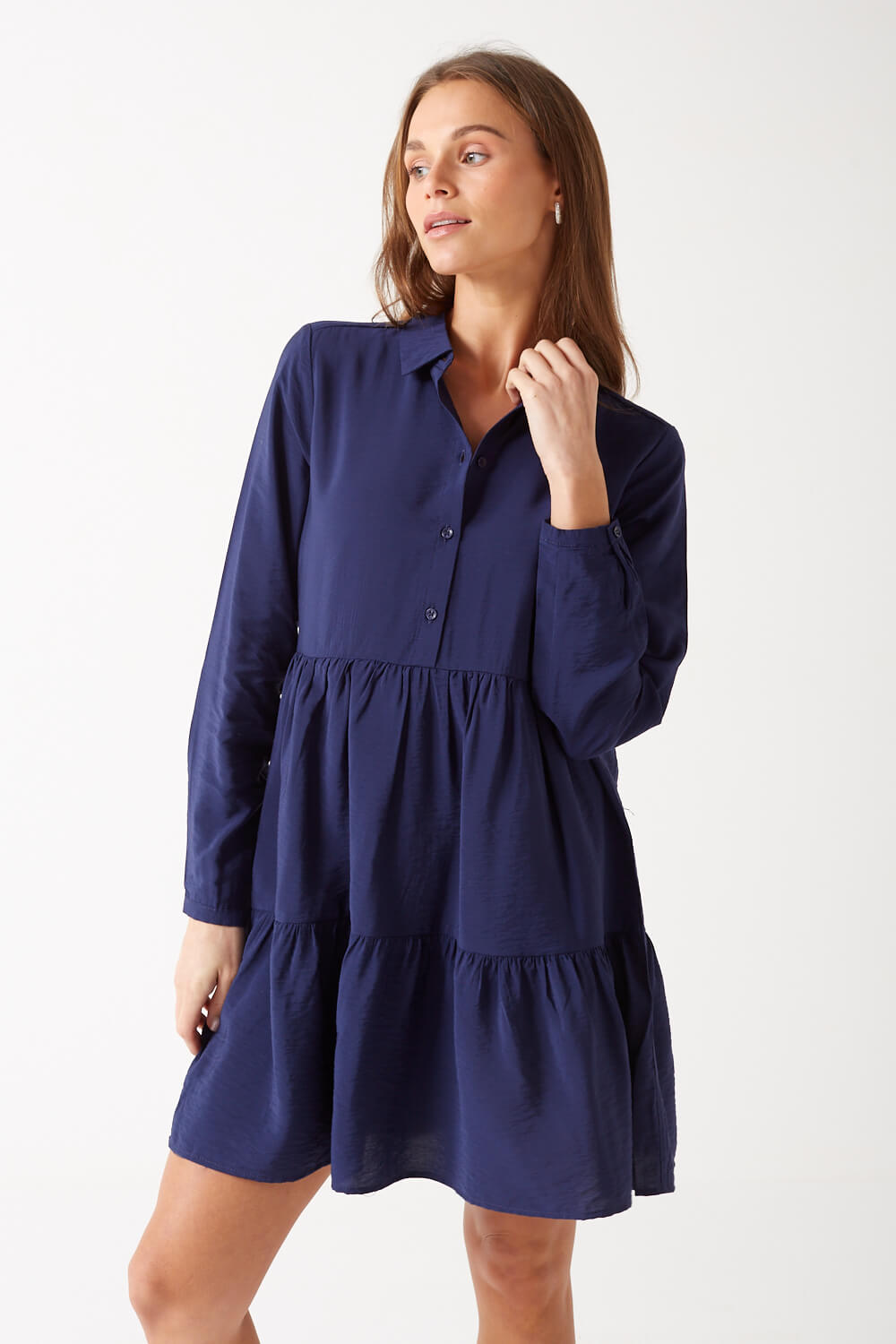 Sandy Tiered Hem Shirt Dress in Navy