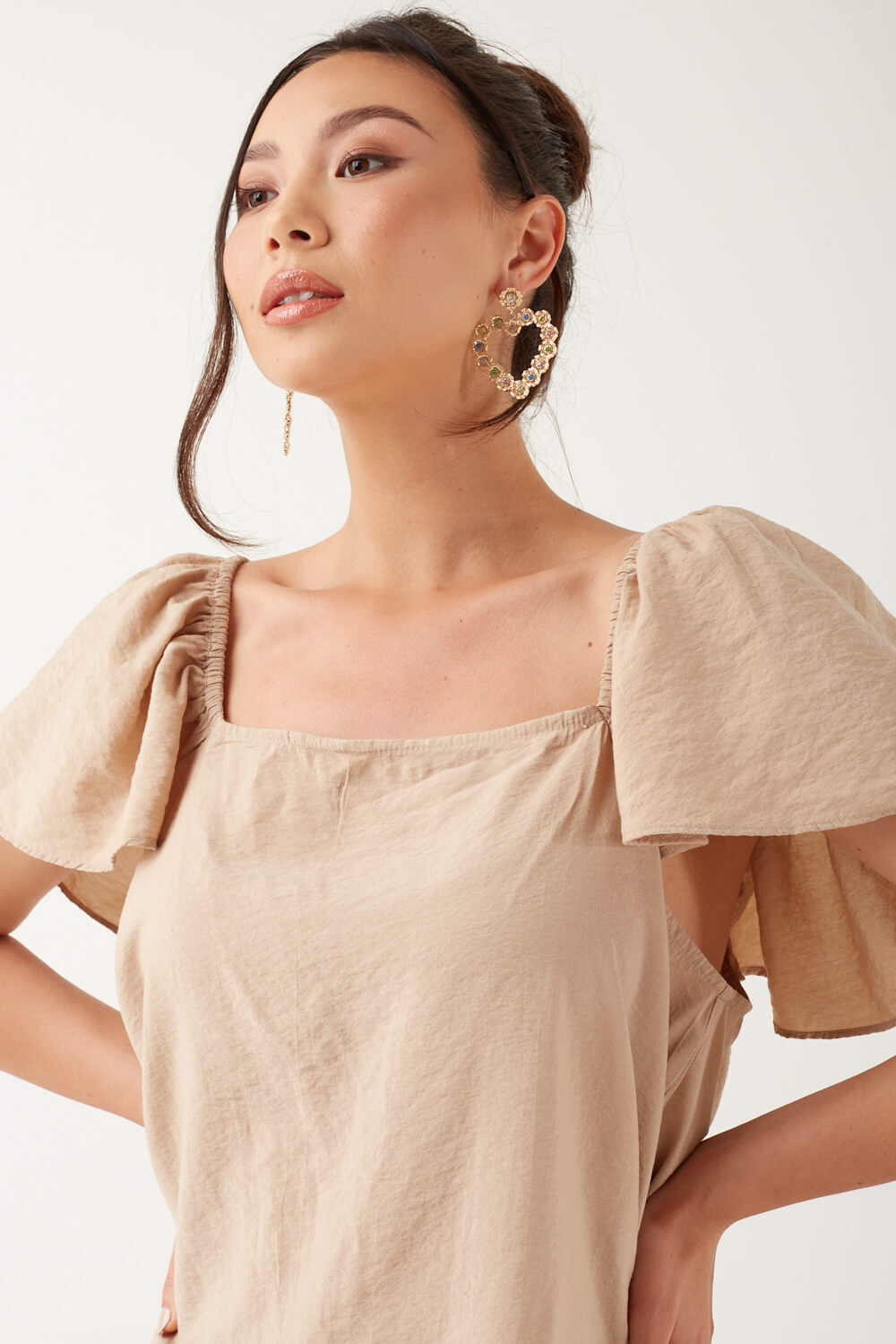 Sara Square Neck Summer Dress in Beige