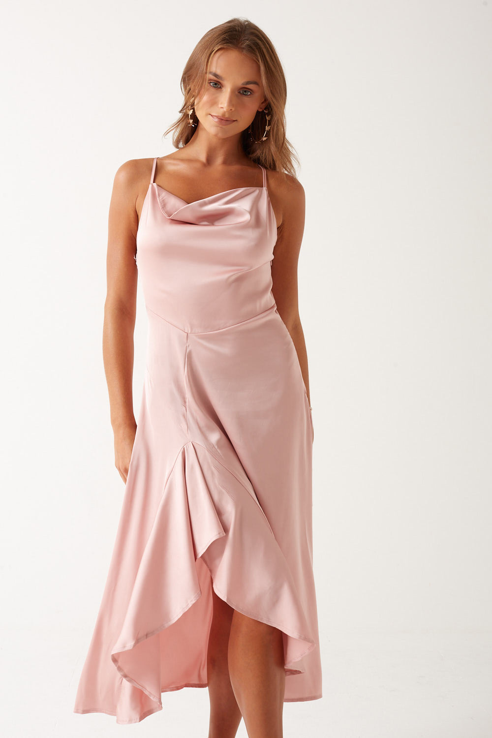 Satin Cowl Neck Midi Dress in Blush