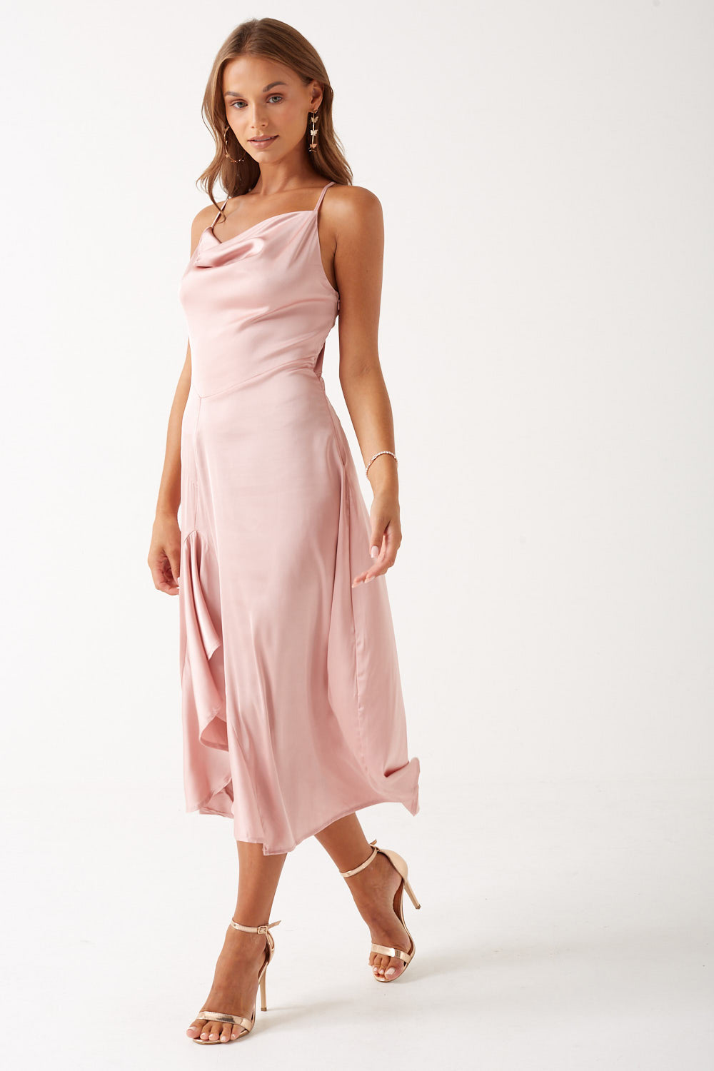 Satin Cowl Neck Midi Dress in Blush