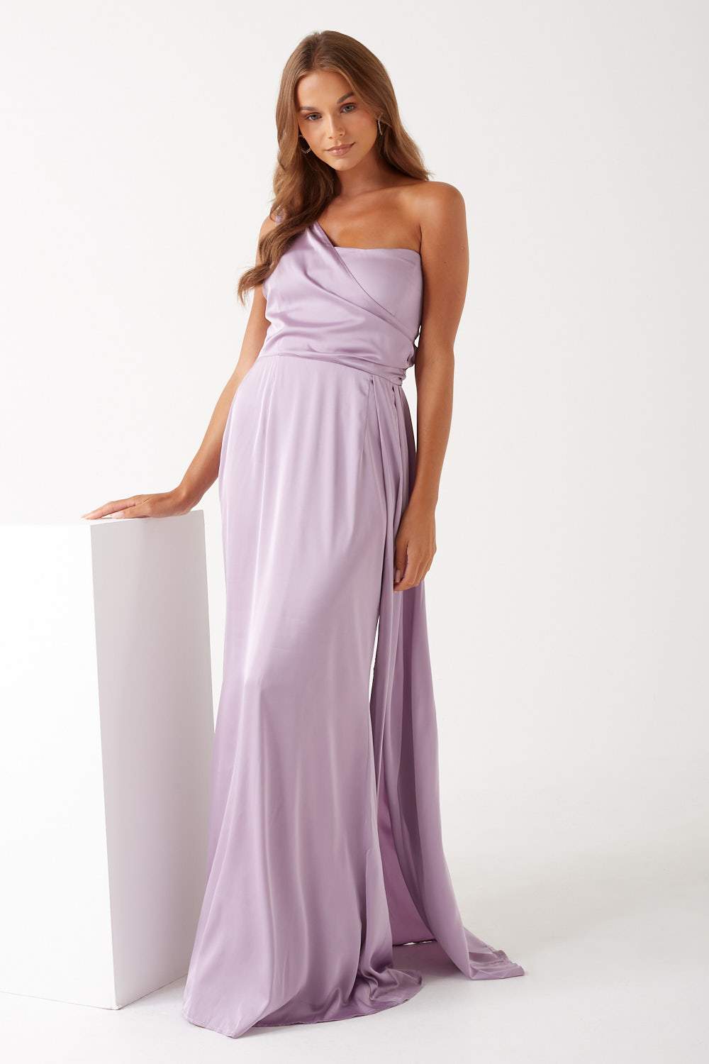 Satin One Shoulder Maxi Dress in Lilac