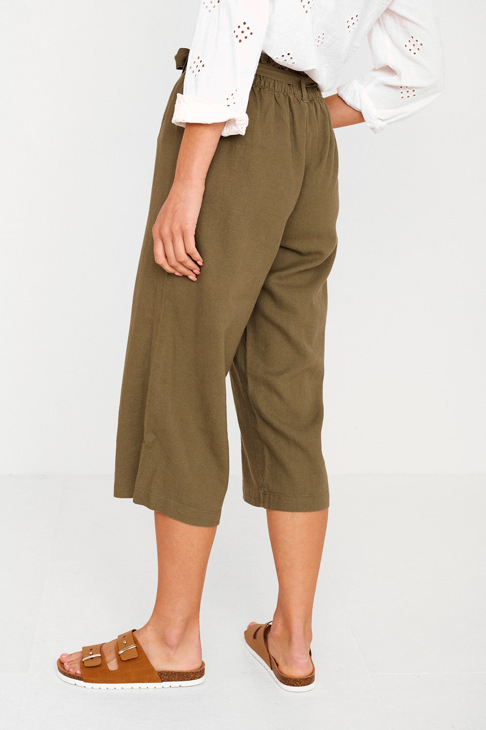 Say Cropped Linen Trousers in Khaki