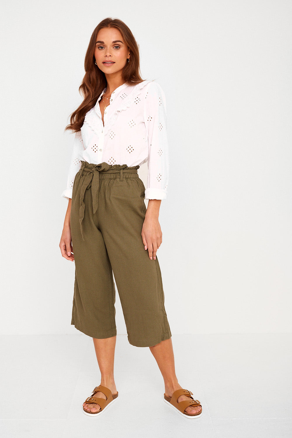 Say Cropped Linen Trousers in Khaki