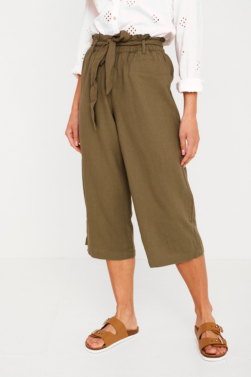 Say Cropped Linen Trousers in Khaki