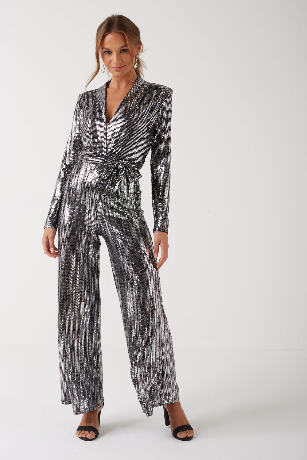 Sequin Wide leg Jumpsuit in Silver
