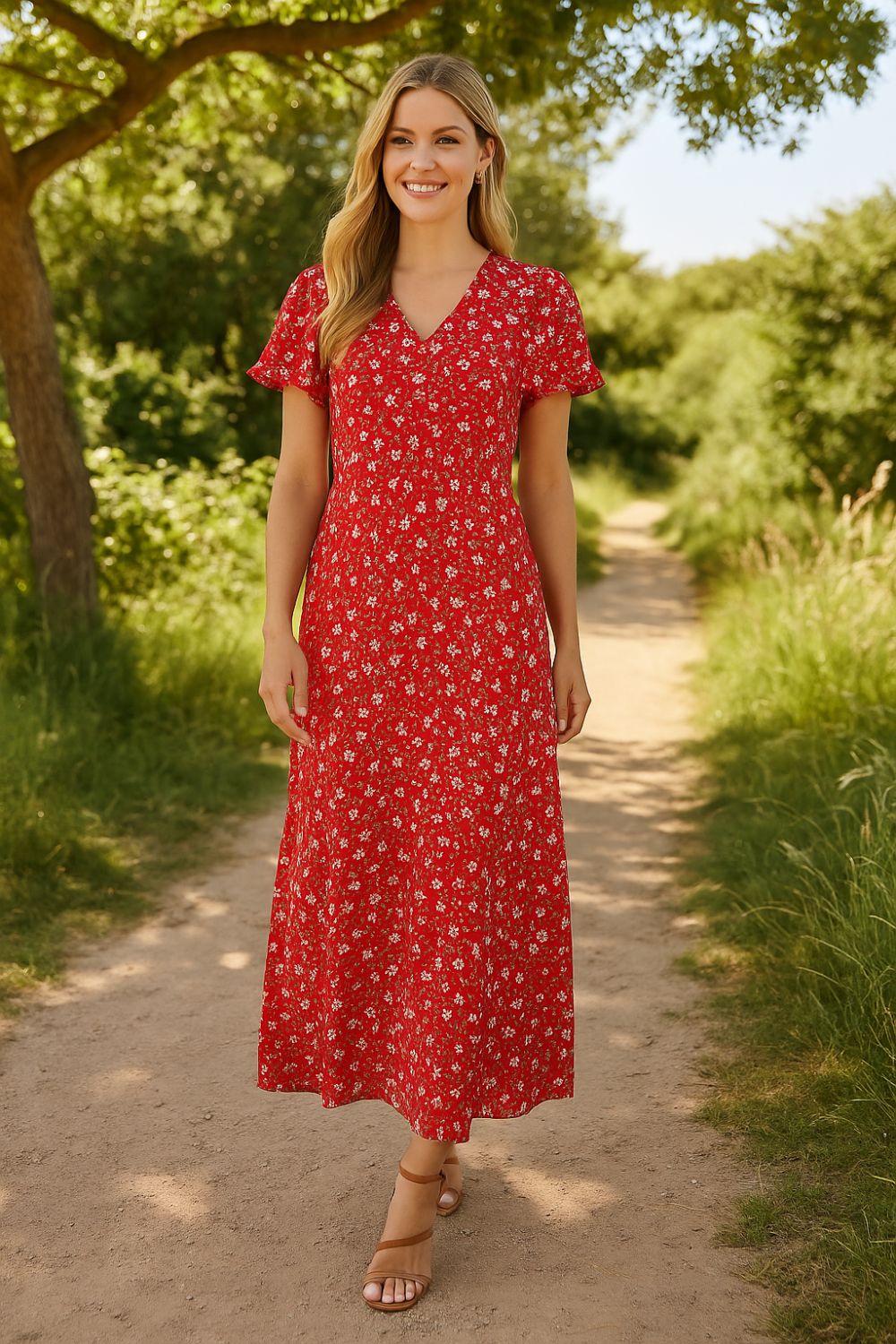 Sibel Ditsy Floral Maxi Dress in Red