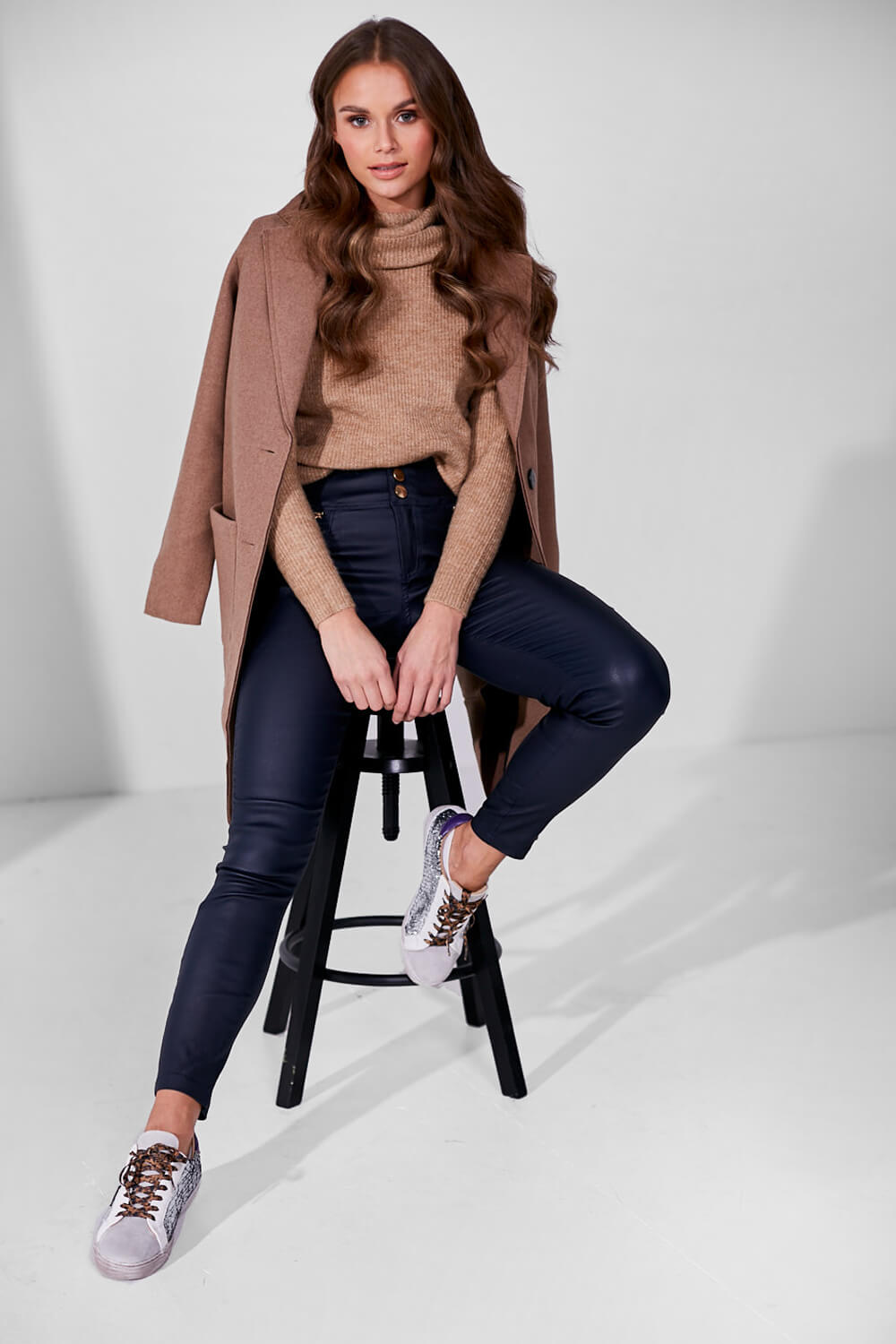 Paris High Waisted Wax Look Trousers in Navy