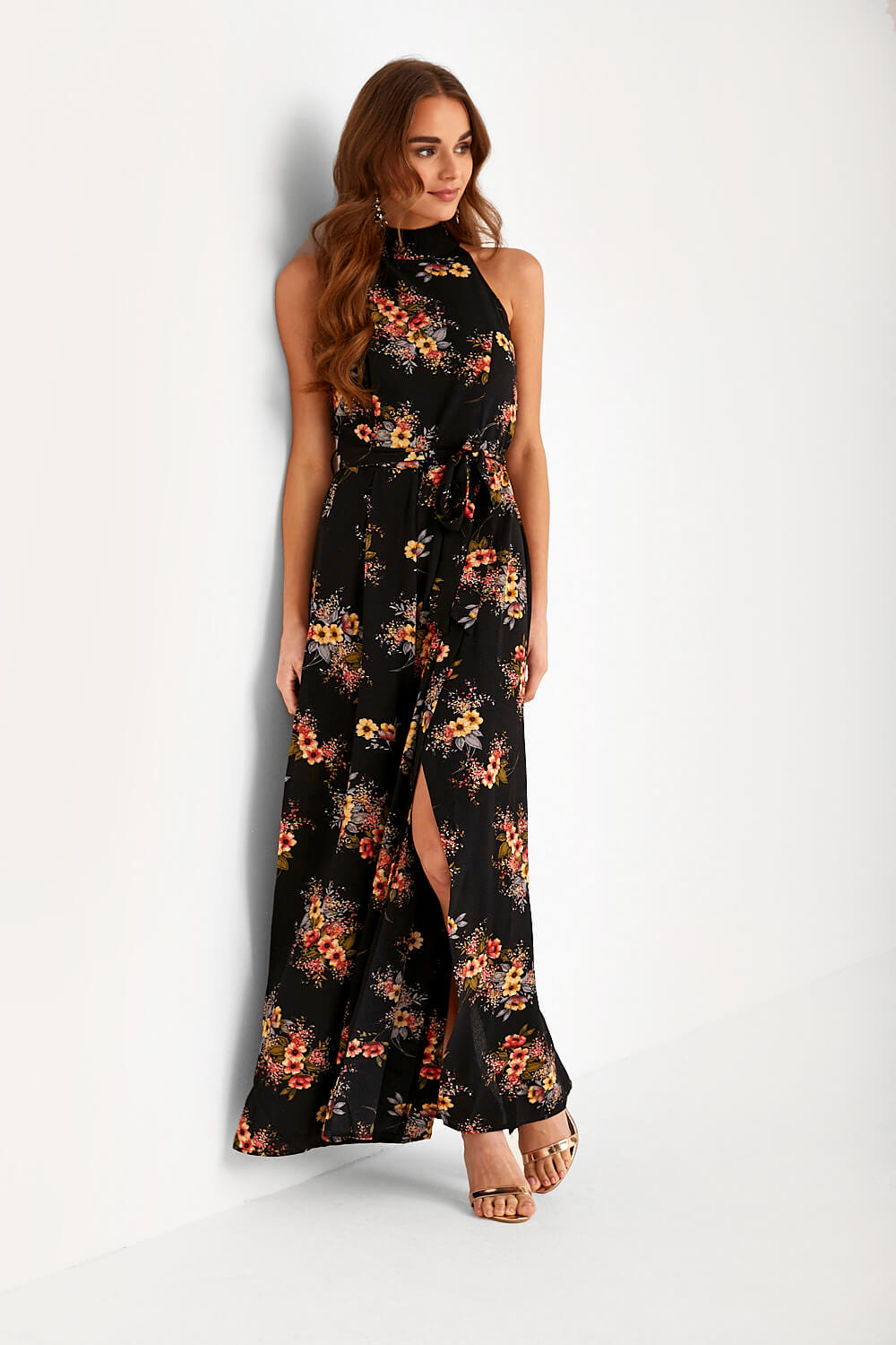 Karlie Floral Halter Neck Jumpsuit in Black