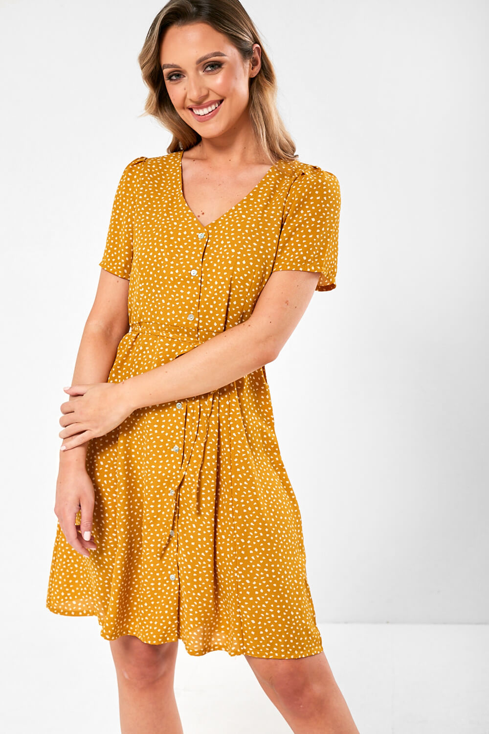 Sonja Printed Short Dress in Mustard
