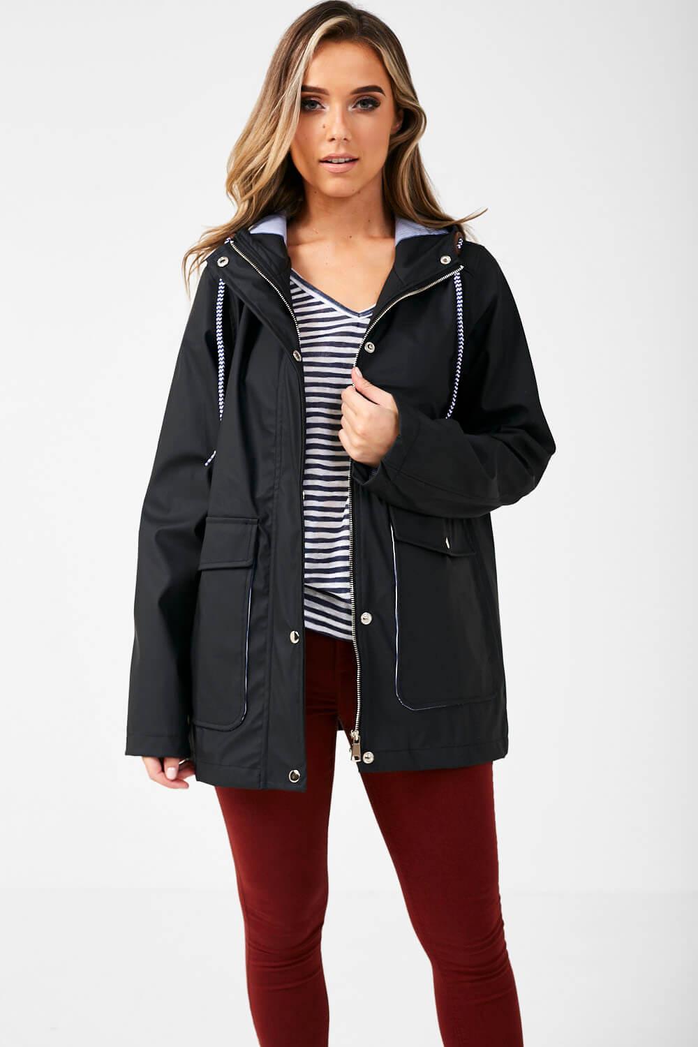 Lilly Stripe Lined Raincoat in Black
