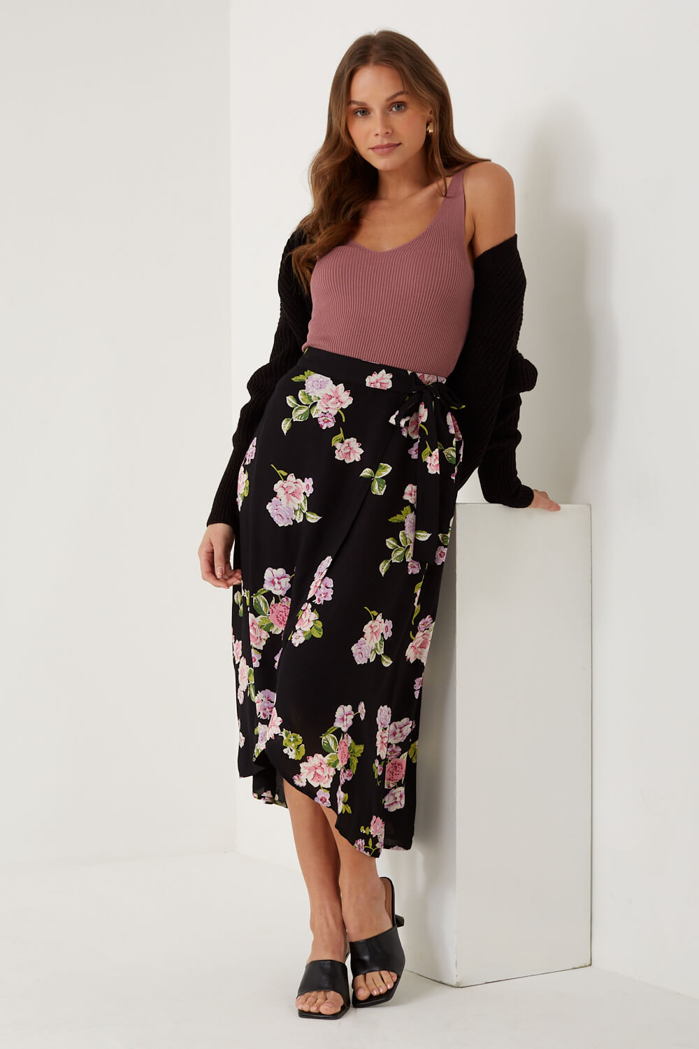 Tala Floral Print Wrap Skirt in Black