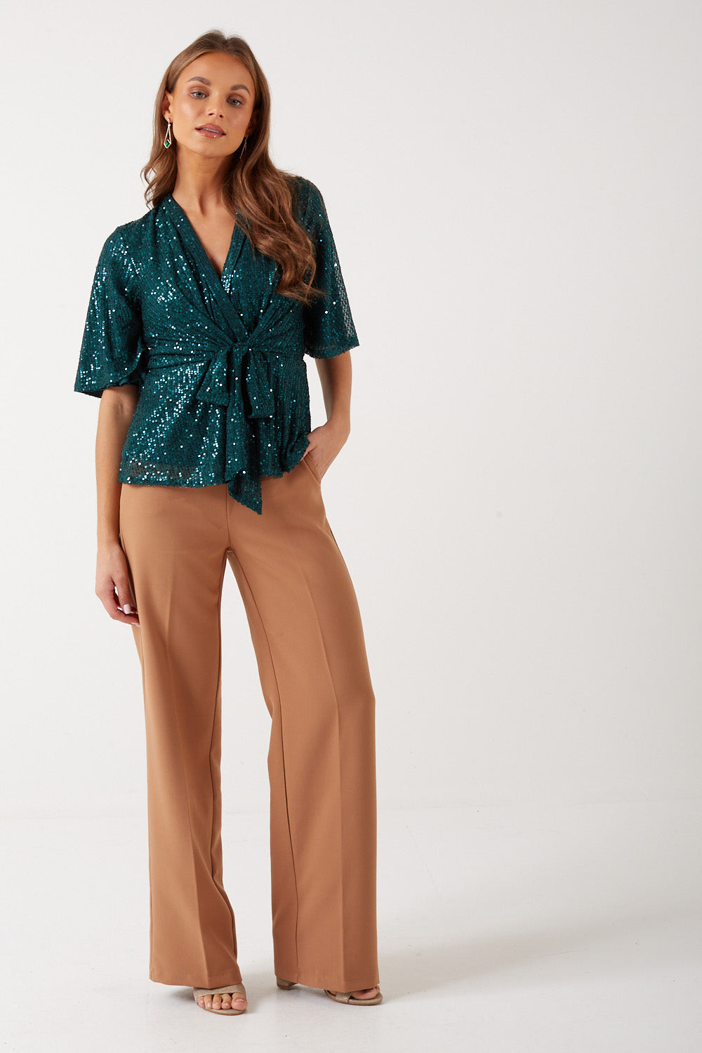 Tara Sequin Wrap Top in Green