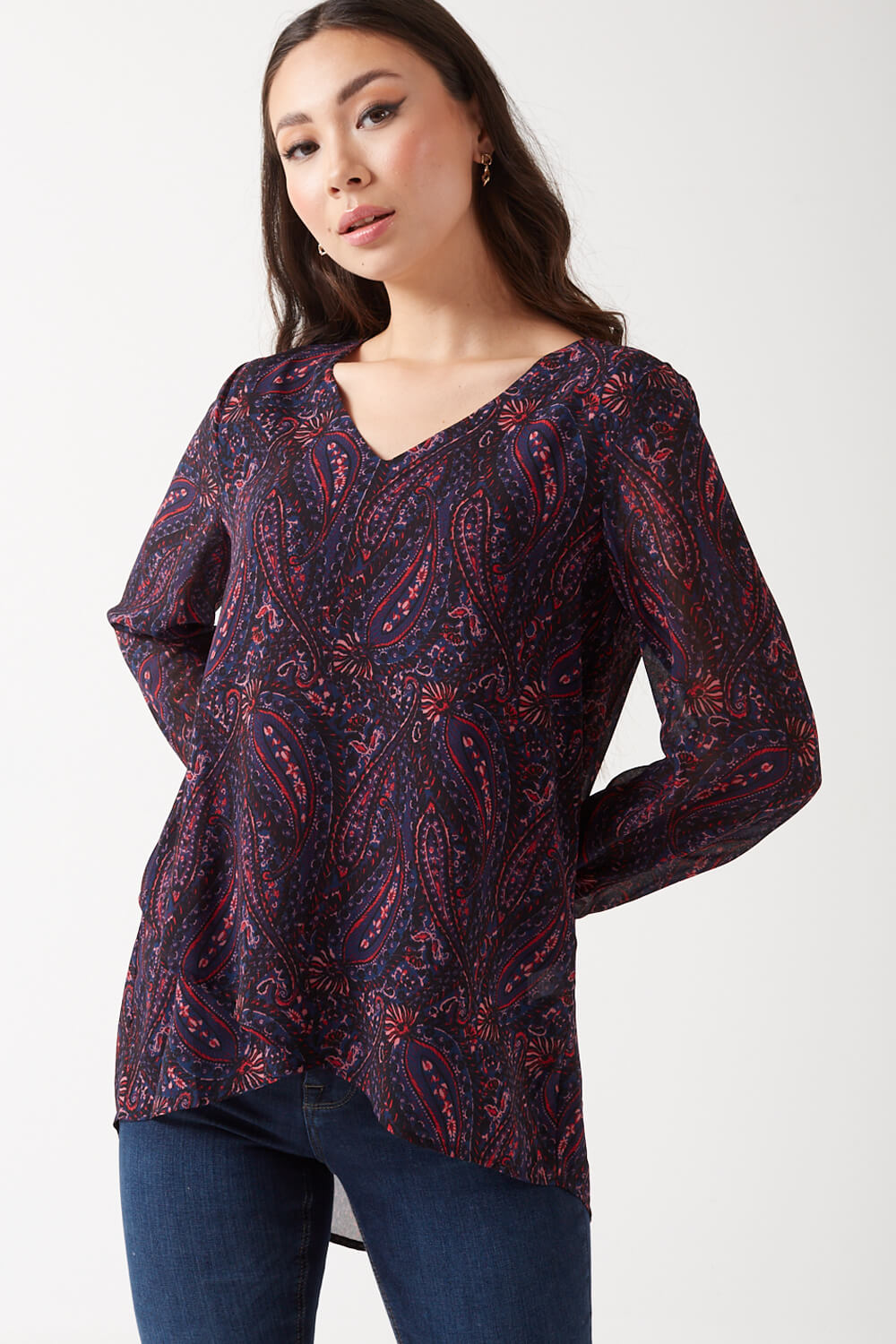 Thereasa Paisley Print V Neck Blouse in Navy