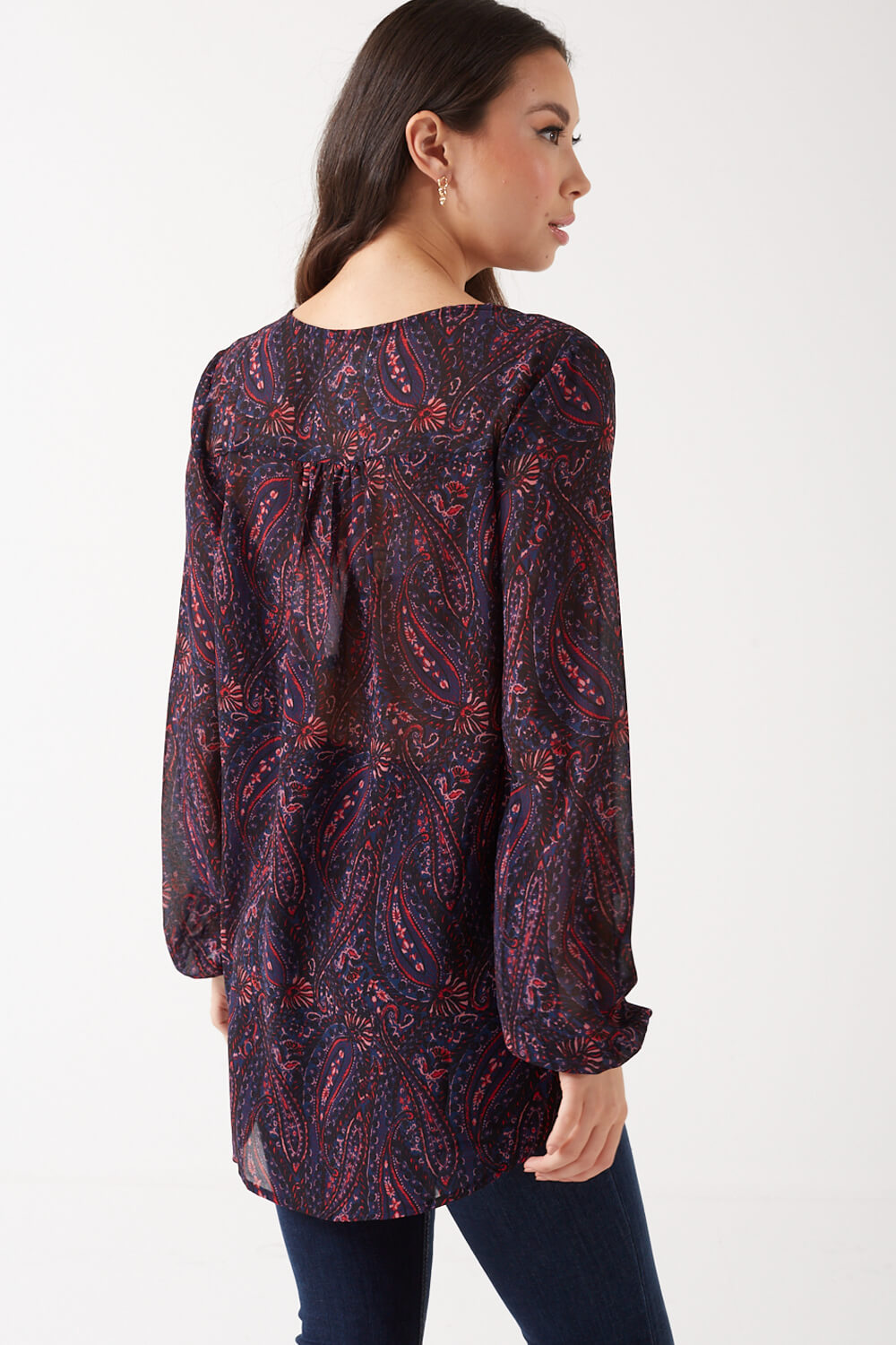 Thereasa Paisley Print V Neck Blouse in Navy