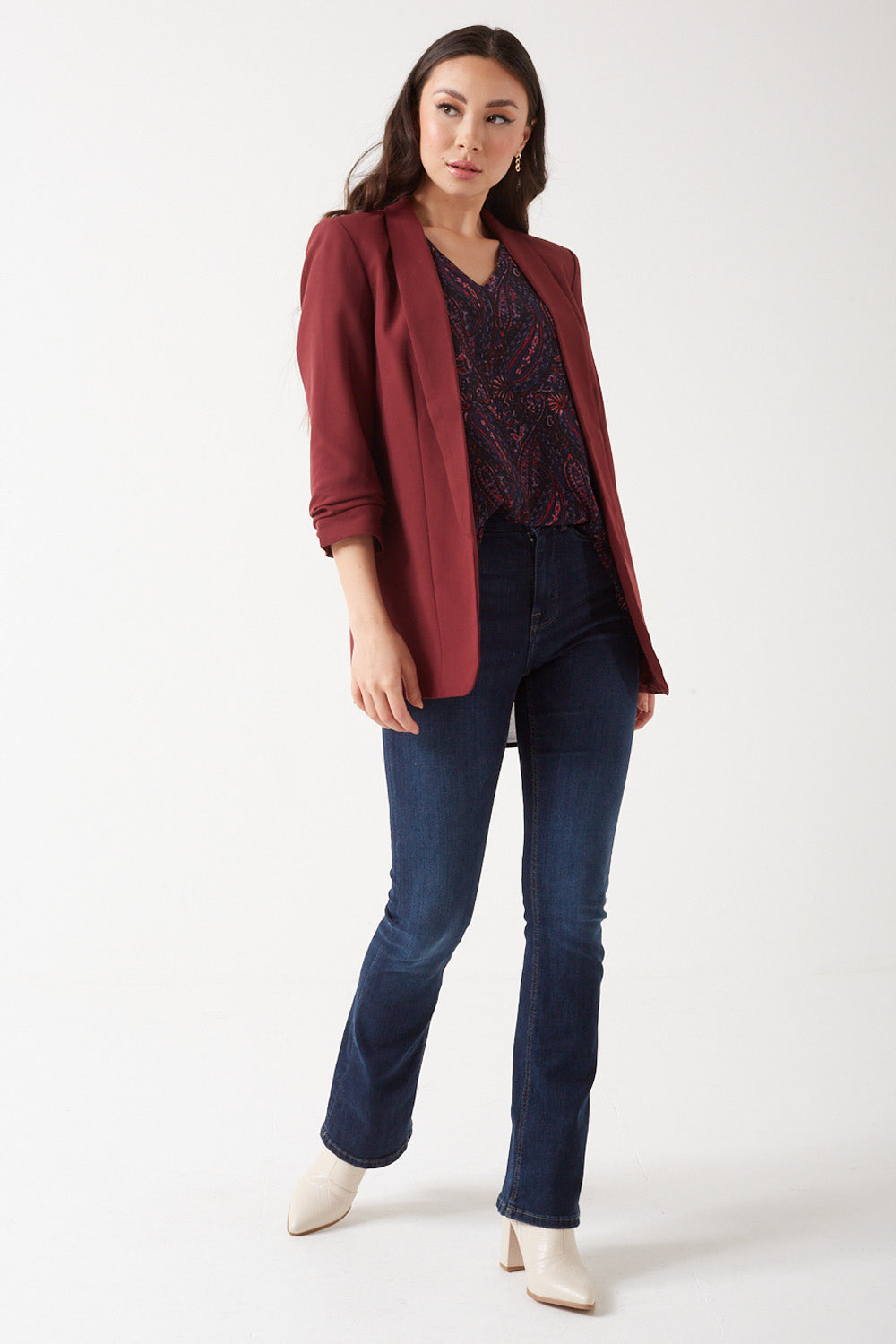 Thereasa Paisley Print V Neck Blouse in Navy