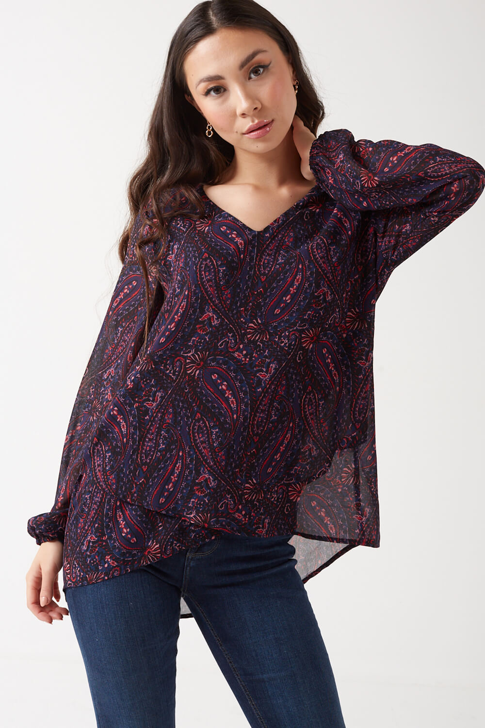 Thereasa Paisley Print V Neck Blouse in Navy