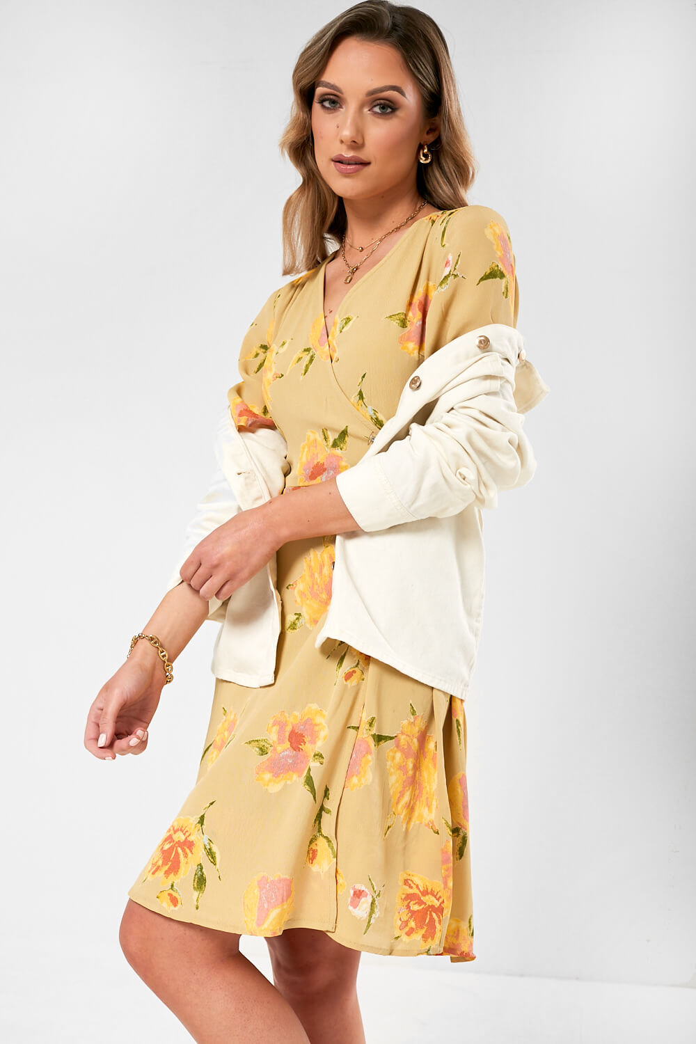 Tianna Floral Print Wrap Dress in Light Mustard