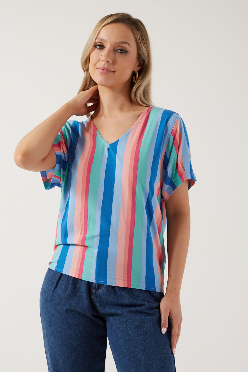 Tinea Shirt V-Neck Short Sleeve Rainbow Stripes Top in Mint