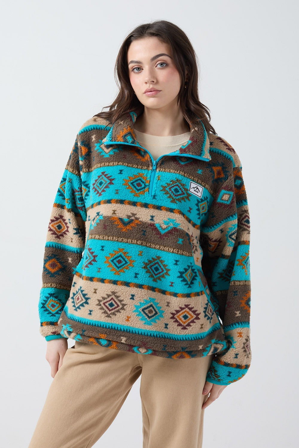 Polly Half Zip Printed Fleece in Aqua Aztec