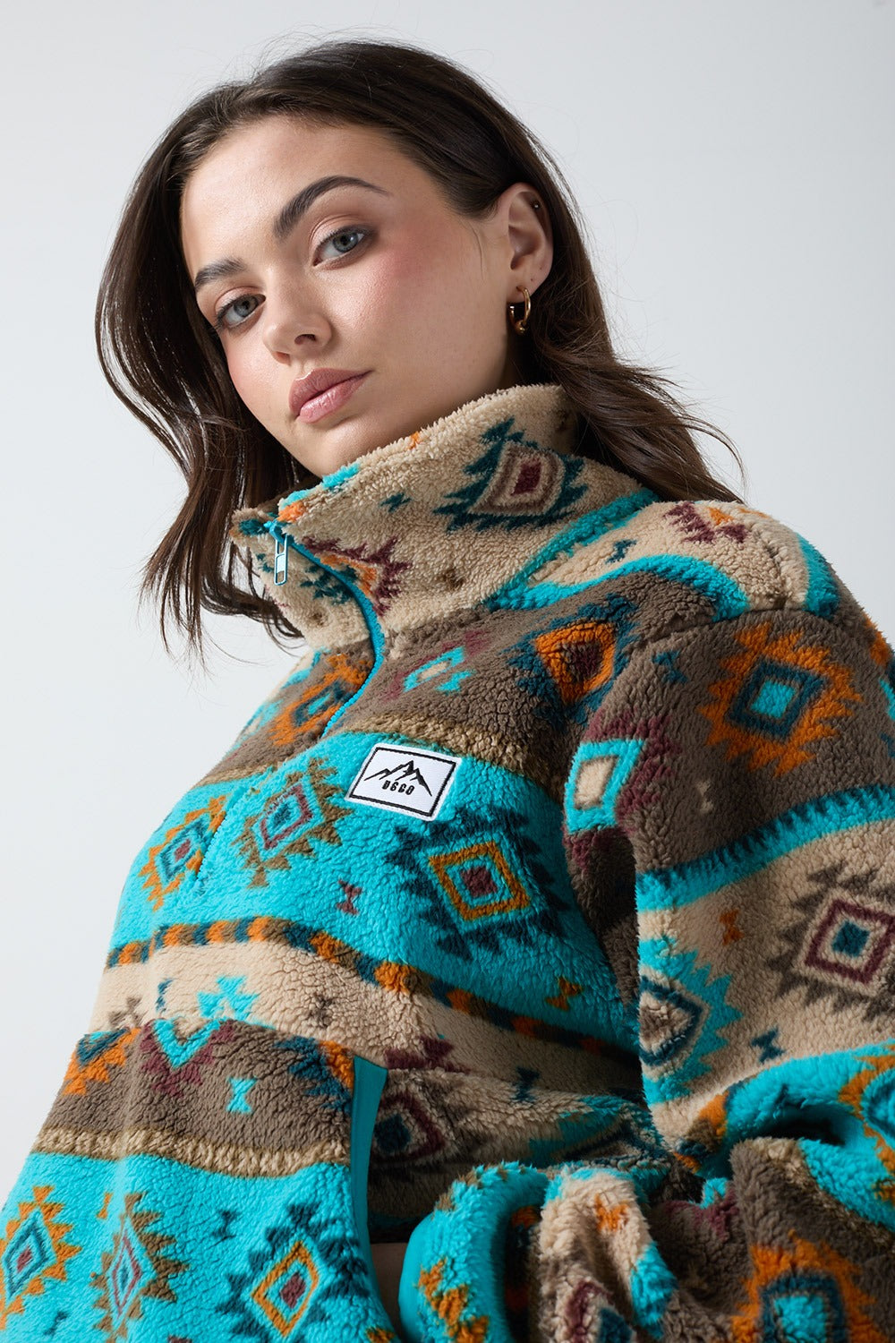 Polly Half Zip Printed Fleece in Aqua Aztec